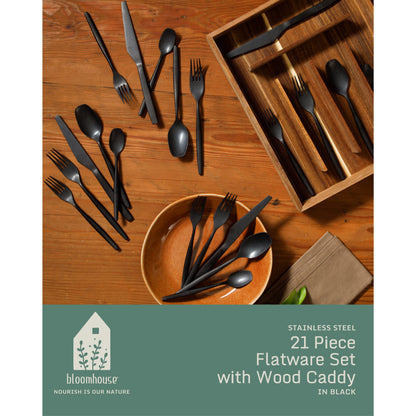 Bloomhouse 20 Piece Stone Washed Flatware 18/10 Stainless Steel Silverware Cutlery Utensil Set With Acacia Wood Caddy - Service for 4