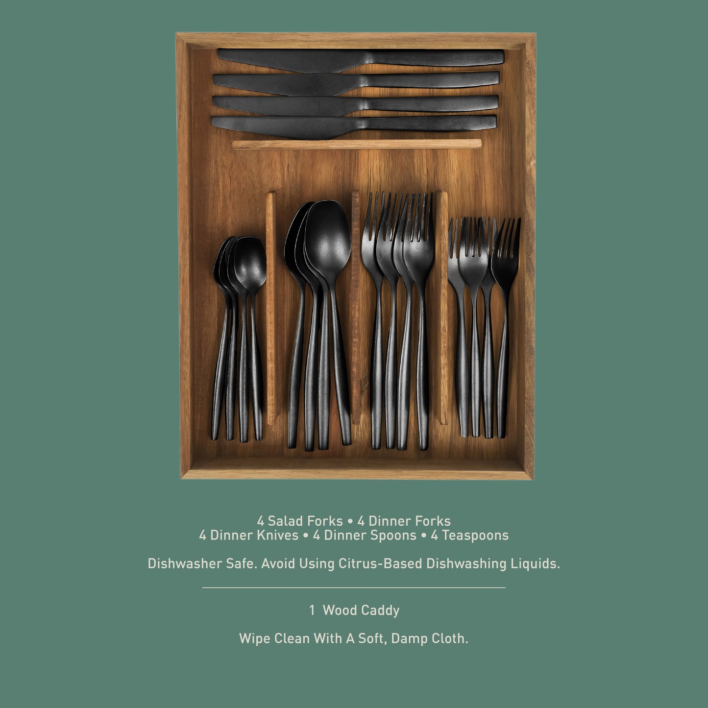 Bloomhouse 20 Piece Stone Washed Flatware 18/10 Stainless Steel Silverware Cutlery Utensil Set With Acacia Wood Caddy - Service for 4