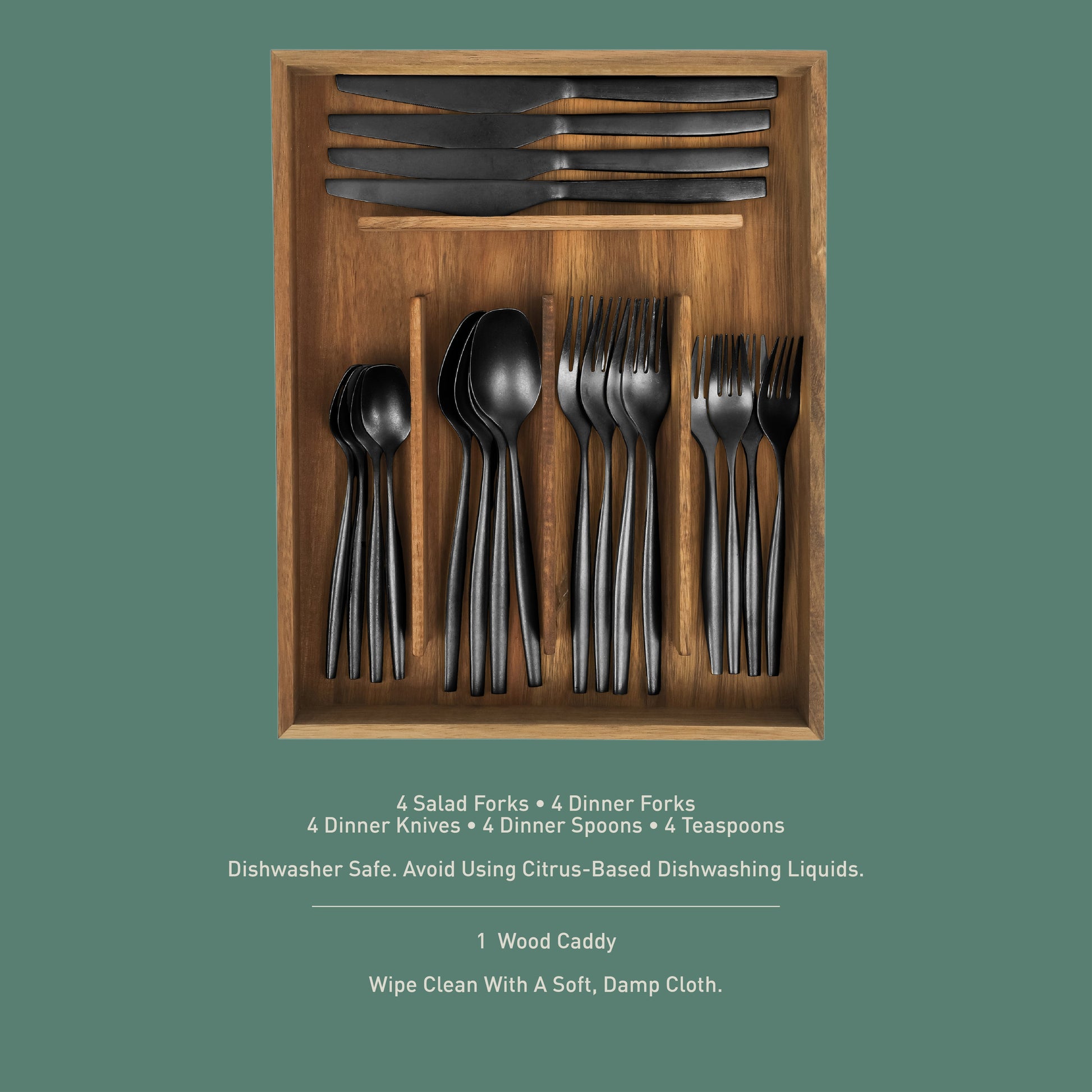 Bloomhouse 20 Piece Stone Washed Flatware 18/10 Stainless Steel Silverware Cutlery Utensil Set With Acacia Wood Caddy - Service for 4