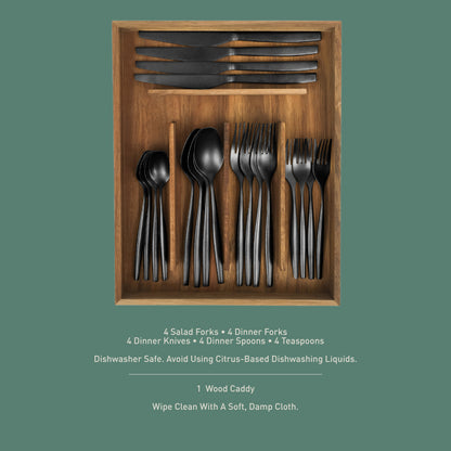 Bloomhouse 20 Piece Stone Washed Flatware 18/10 Stainless Steel Silverware Cutlery Utensil Set With Acacia Wood Caddy - Service for 4