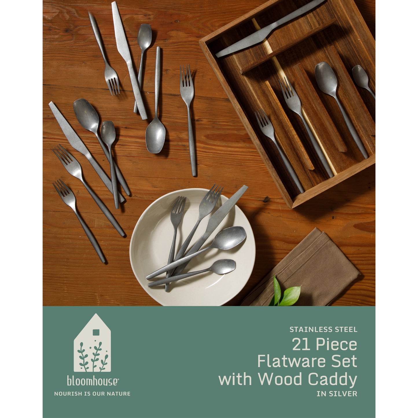 Bloomhouse 20 Piece Stone Washed Flatware 18/10 Stainless Steel Silverware Cutlery Utensil Set With Acacia Wood Caddy - Service for 4