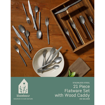 Bloomhouse 20 Piece Stone Washed Flatware 18/10 Stainless Steel Silverware Cutlery Utensil Set With Acacia Wood Caddy - Service for 4