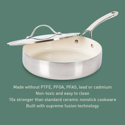 Bloomhouse 10 Inch Triply Stainless Steel Fry Pan W/ Lid W/ Non-Stick Non-Toxic Pro Ceramic Interior Frying Pan