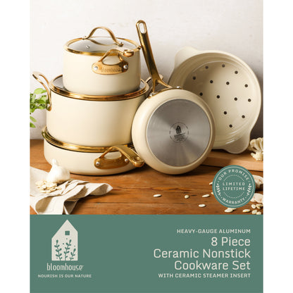 Bloomhouse 8 Piece Pots and Pans Heavy Duty Aluminum Premium PFA Free Ceramic Nonstick Dutch Oven Pot with Lid - Linen White with Gold Handle
