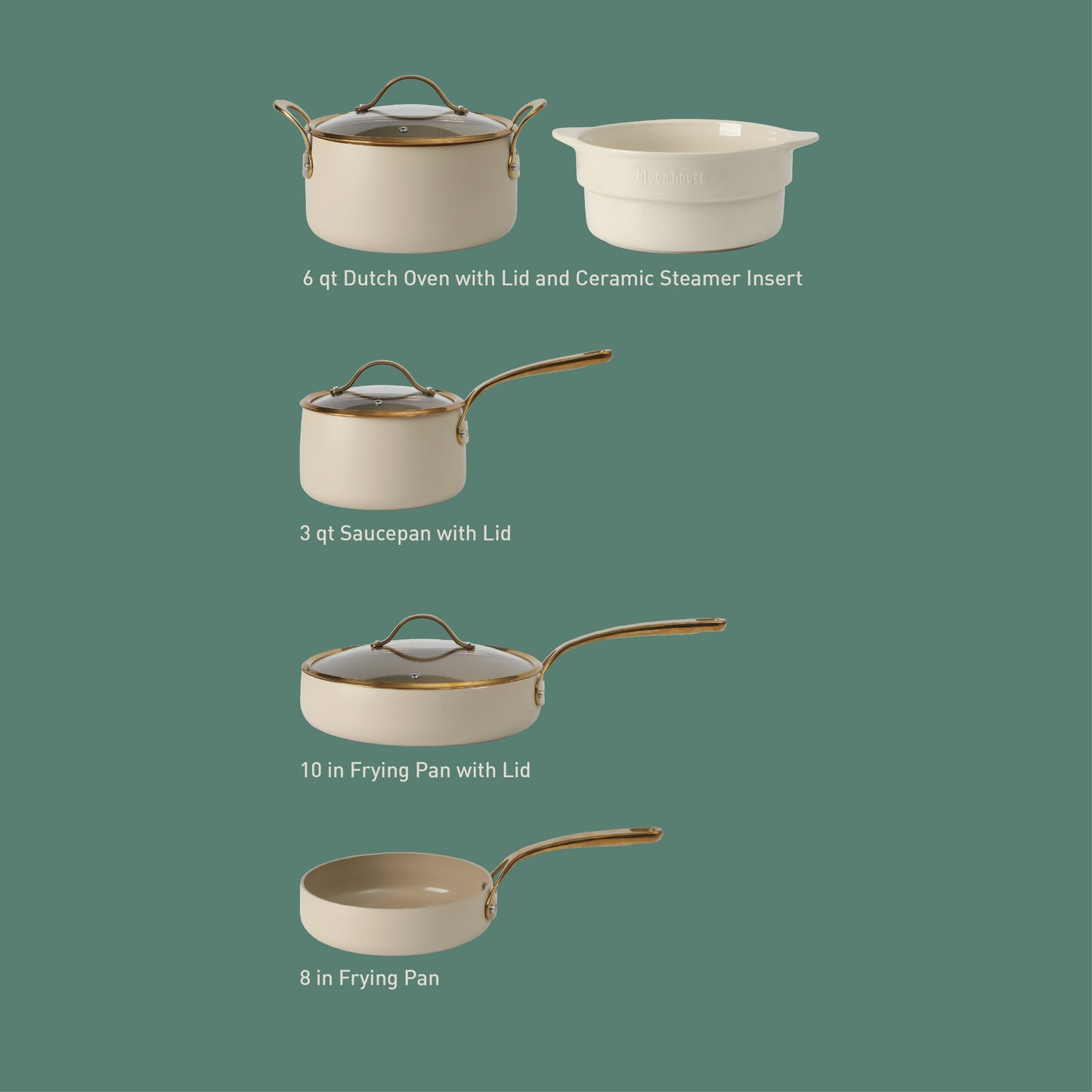Bloomhouse 8 Piece Pots and Pans Heavy Duty Aluminum Premium PFA Free Ceramic Nonstick Dutch Oven Pot with Lid - Linen White with Gold Handle