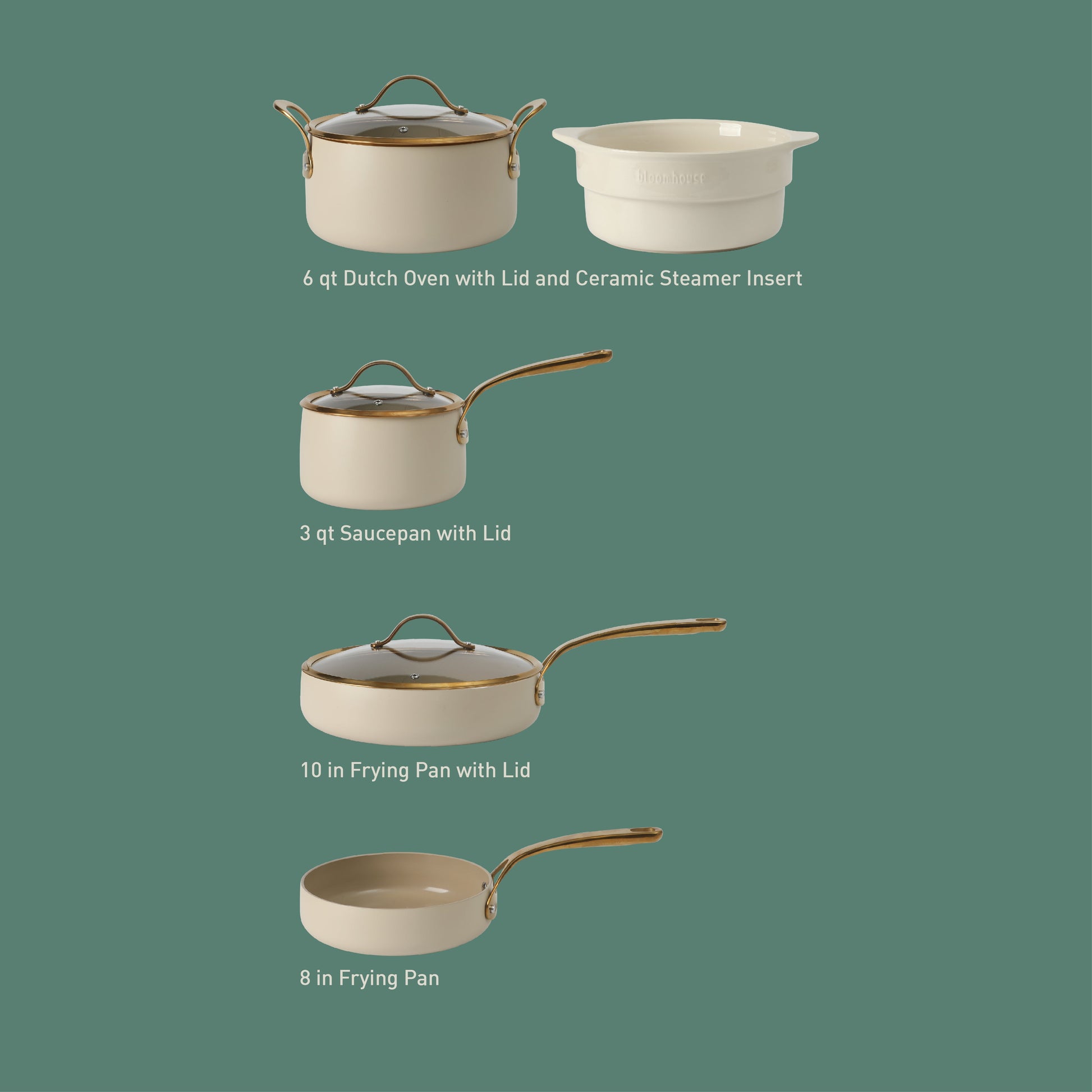 Bloomhouse 8 Piece Pots and Pans Heavy Duty Aluminum Premium PFA Free Ceramic Nonstick Dutch Oven Pot with Lid - Linen White with Gold Handle