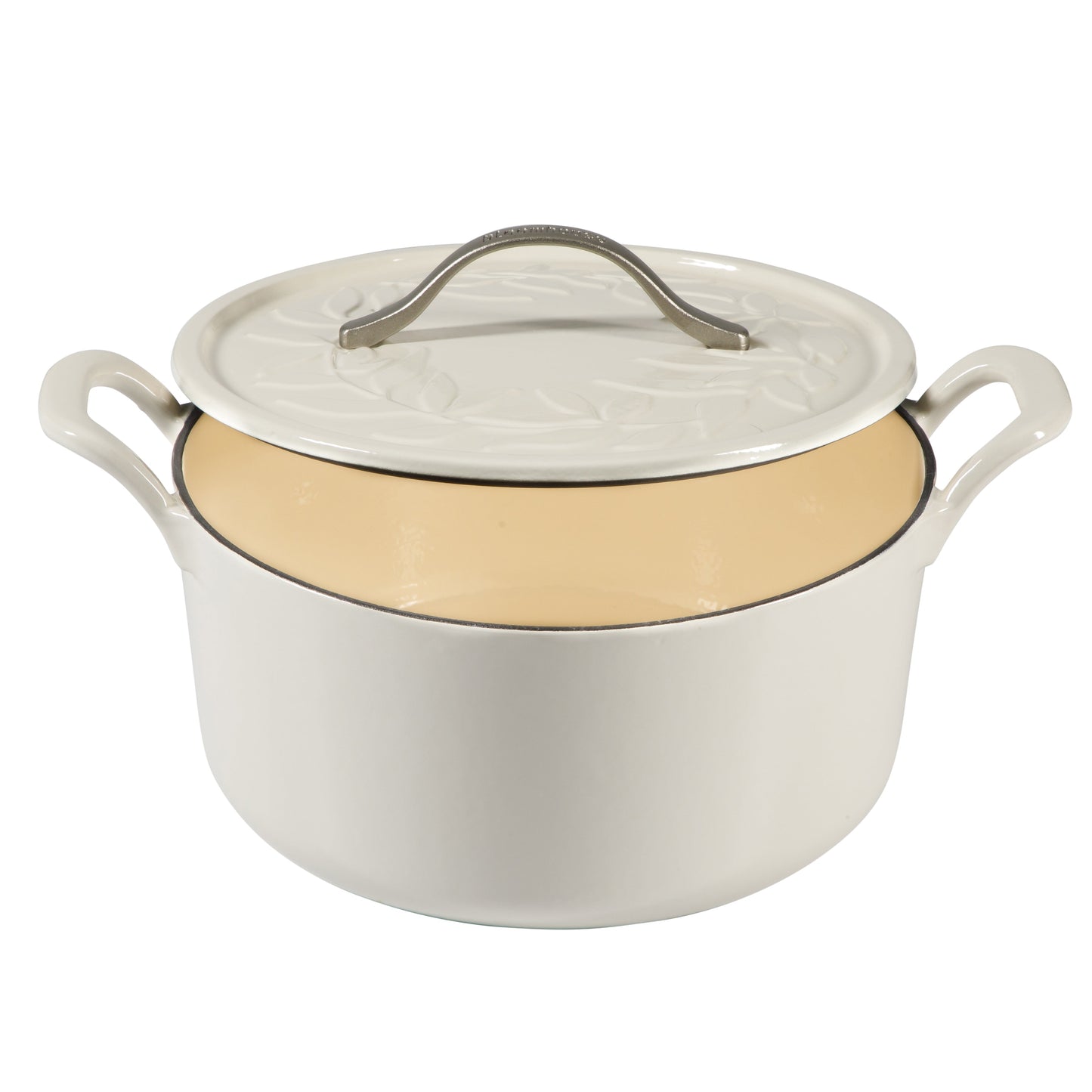 Bloomhouse 7 Qt Cast Iron Dutch Oven W/ Embossed Lid, European Enamel, & Walnut Wood Trivet