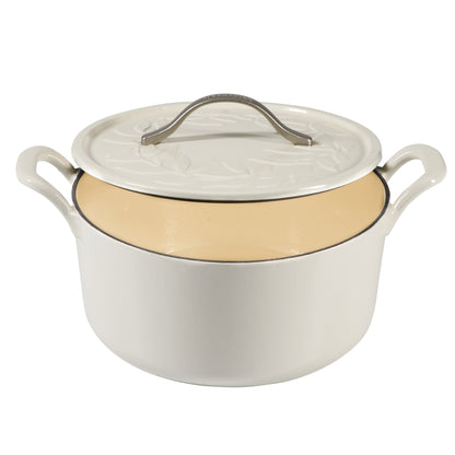Bloomhouse 7 Qt Cast Iron Dutch Oven W/ Embossed Lid, European Enamel, & Walnut Wood Trivet