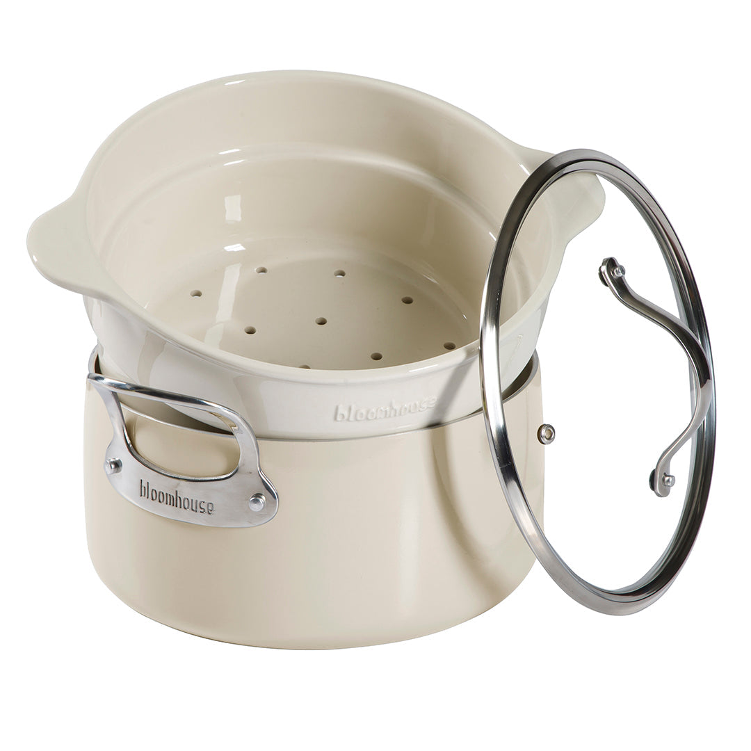 Bloomhouse 6-Quart Aluminum Enamel Dutch Oven w/ Non-Stick Non-Toxic Ceramic Interior and Ceramic Steamer Insert