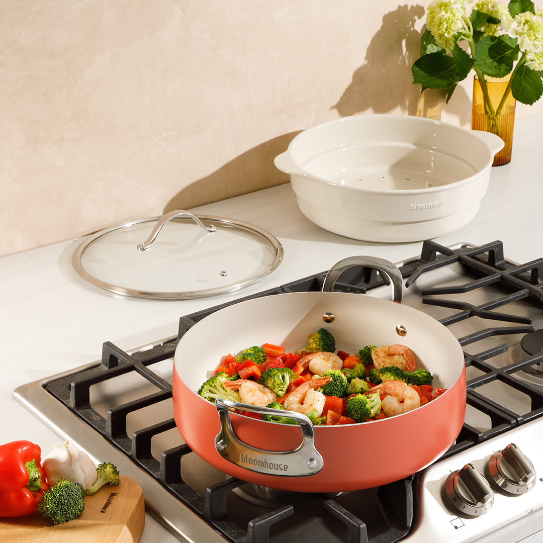 Bloomhouse 6-QT Aluminum Enamel Everyday Pan w/Non-Stick Non-Toxic Ceramic Interior and Ceramic Steamer Insert