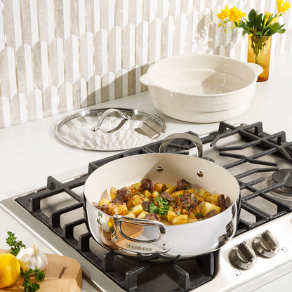 Bloomhouse 6-Quart Triply Stainless Steel Everyday Pan w/ Non-Stick Non-Toxic Ceramic Interior and Ceramic Steamer Insert