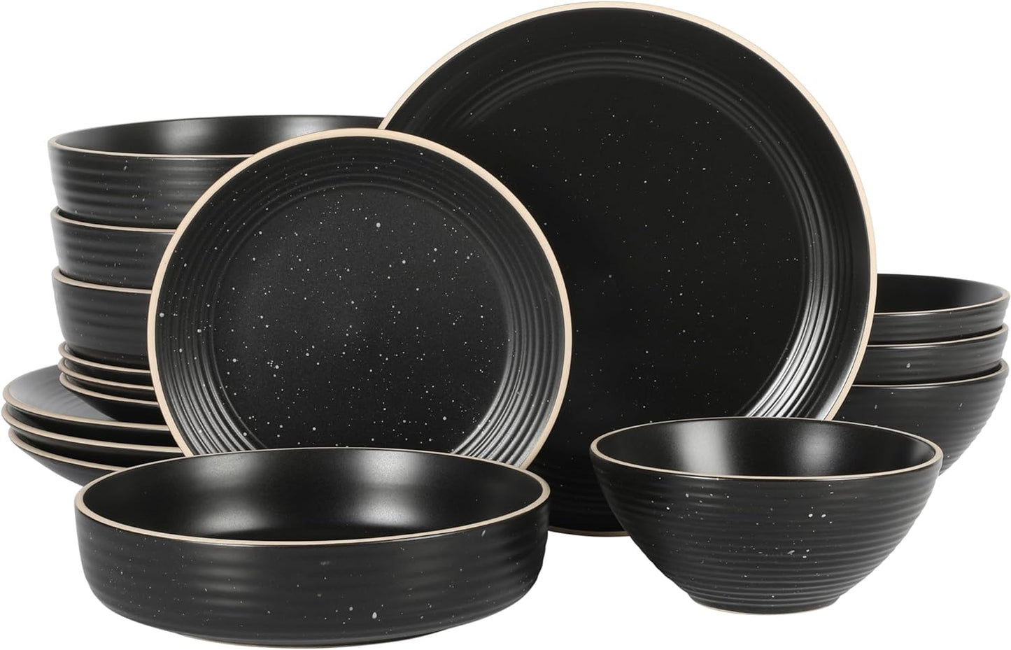 Gibson Home Dinah 16 Piece Double Bowl Stoneware Embossed Speckled Dinnerware Set - Matte Black, White, or Sage Green