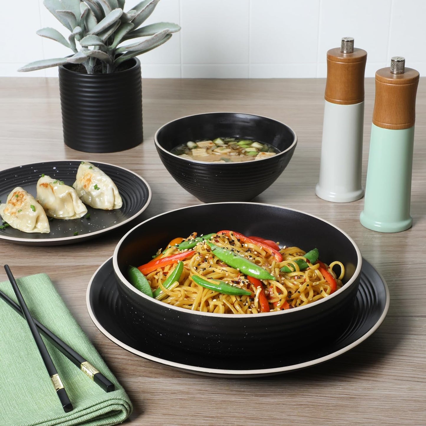 Gibson Home Dinah 16 Piece Double Bowl Stoneware Embossed Speckled Dinnerware Set - Matte Black, White, or Sage Green