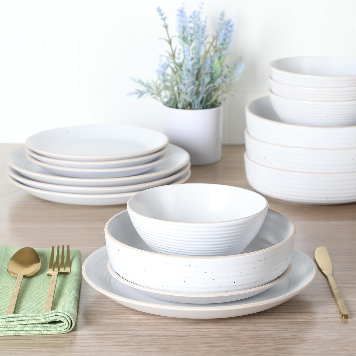 Gibson Home Dinah 16 Piece Double Bowl Stoneware Embossed Speckled Dinnerware Set - Matte Black, White, or Sage Green