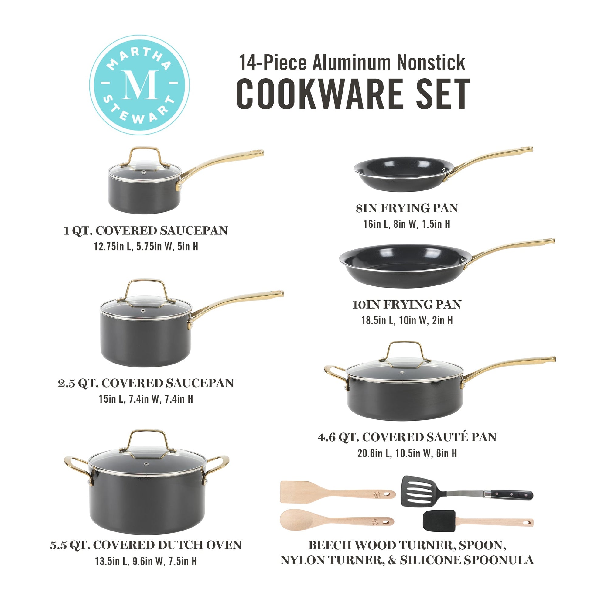 Martha Stewart Lockton 14-Piece Heavy-Gauge Premium Non-Stick Aluminum Cookware Combo Set (Pots, Pans, and Tools)