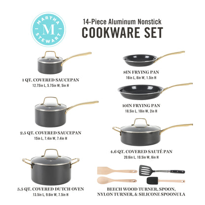 Martha Stewart Lockton 14-Piece Heavy-Gauge Premium Non-Stick Aluminum Cookware Combo Set (Pots, Pans, and Tools)