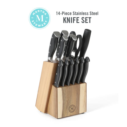 Martha Stewart Greeley 14-Piece Triple-Riveted Cutlery Knife Acacia Wood Block Set w/ Comfort Grip Handles