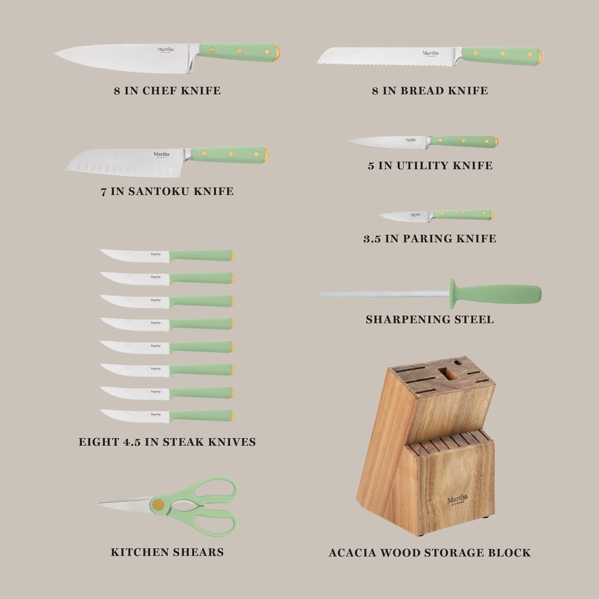 Martha Stewart 16 Piece Lockton High Carbon Stainless Steel Cutlery Kitchen Knife Block Set W/ ABS Tripe Riveted Forged Handle Acacia Wood Block