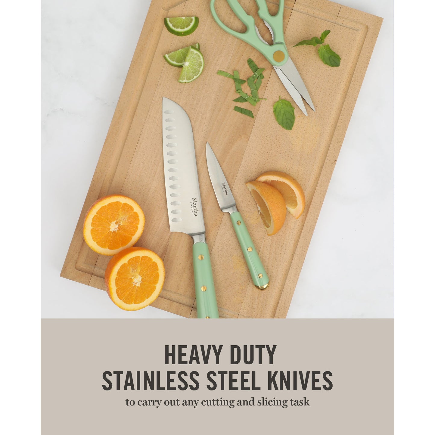 Martha Stewart 16 Piece Lockton High Carbon Stainless Steel Cutlery Kitchen Knife Block Set W/ ABS Tripe Riveted Forged Handle Acacia Wood Block