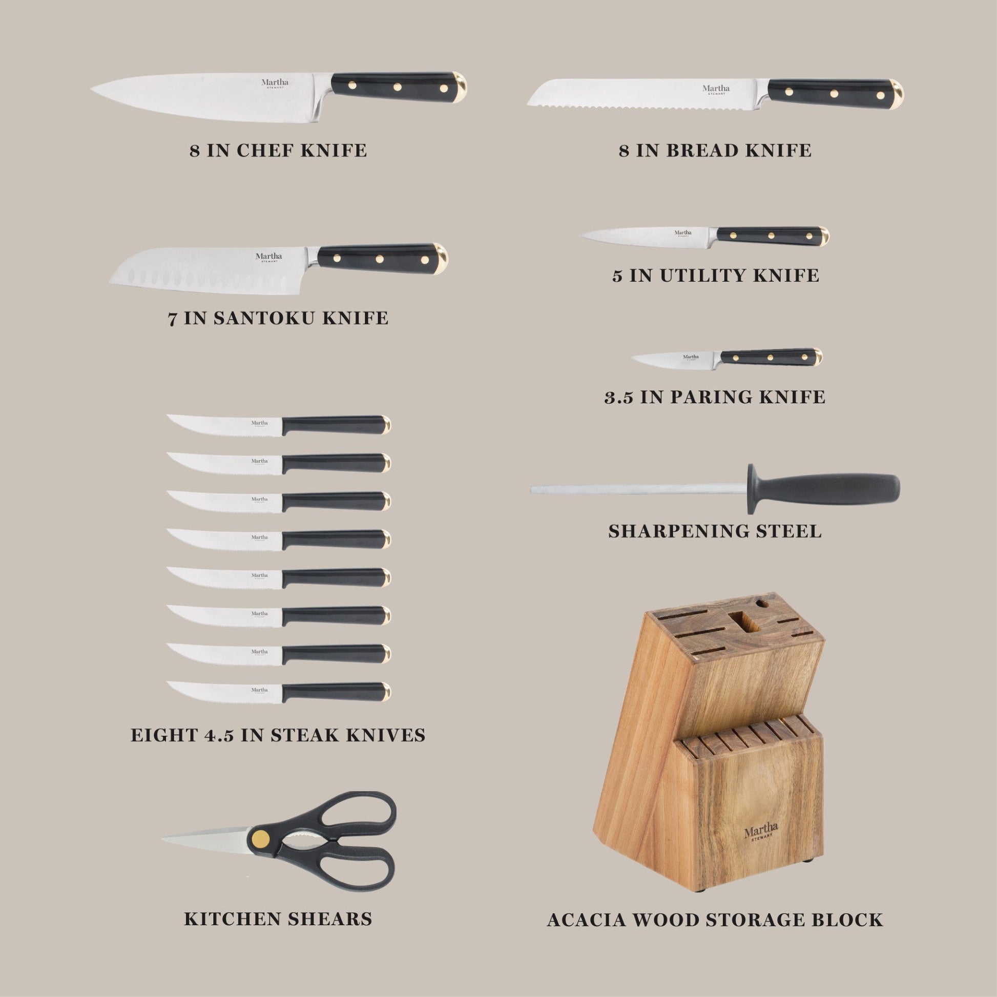 Martha Stewart 16 Piece Lockton High Carbon Stainless Steel Cutlery Kitchen Knife Block Set W/ ABS Tripe Riveted Forged Handle Acacia Wood Block