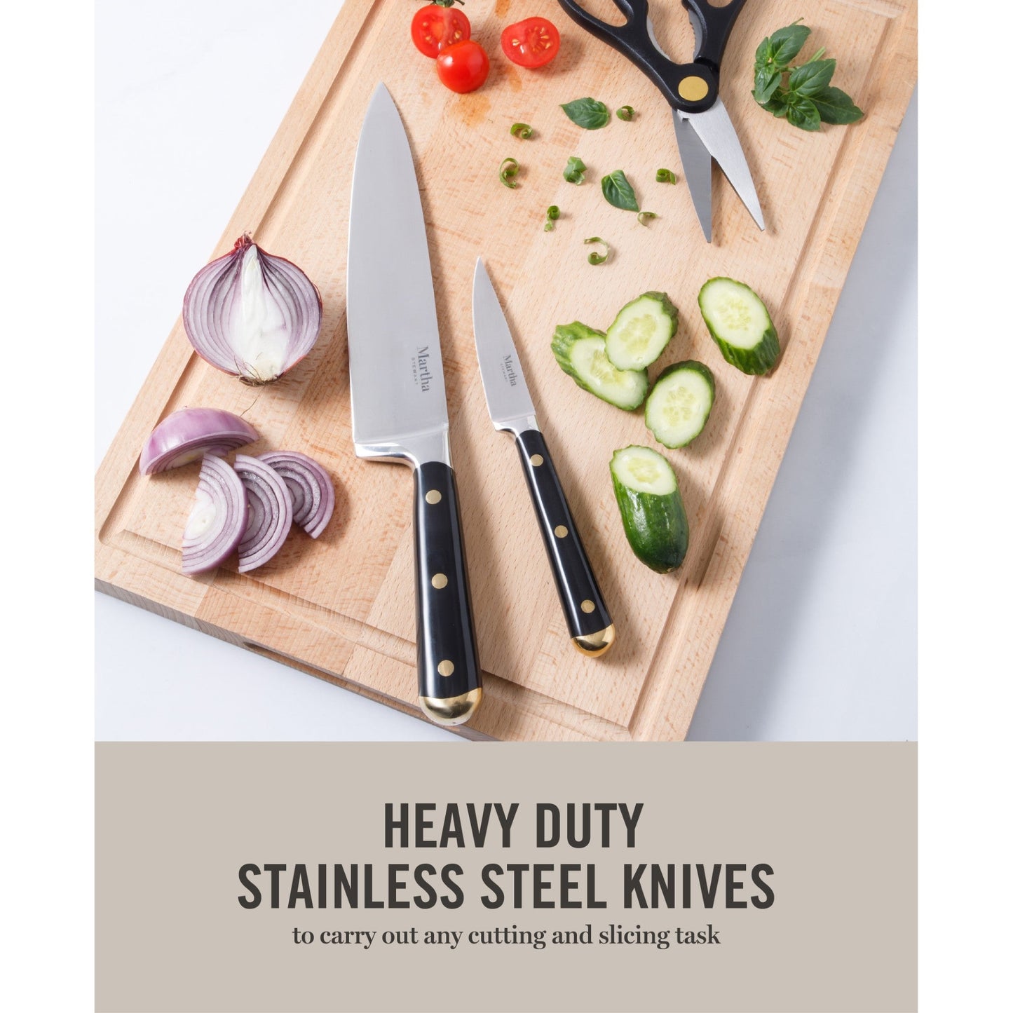 Martha Stewart 16 Piece Lockton High Carbon Stainless Steel Cutlery Kitchen Knife Block Set W/ ABS Tripe Riveted Forged Handle Acacia Wood Block