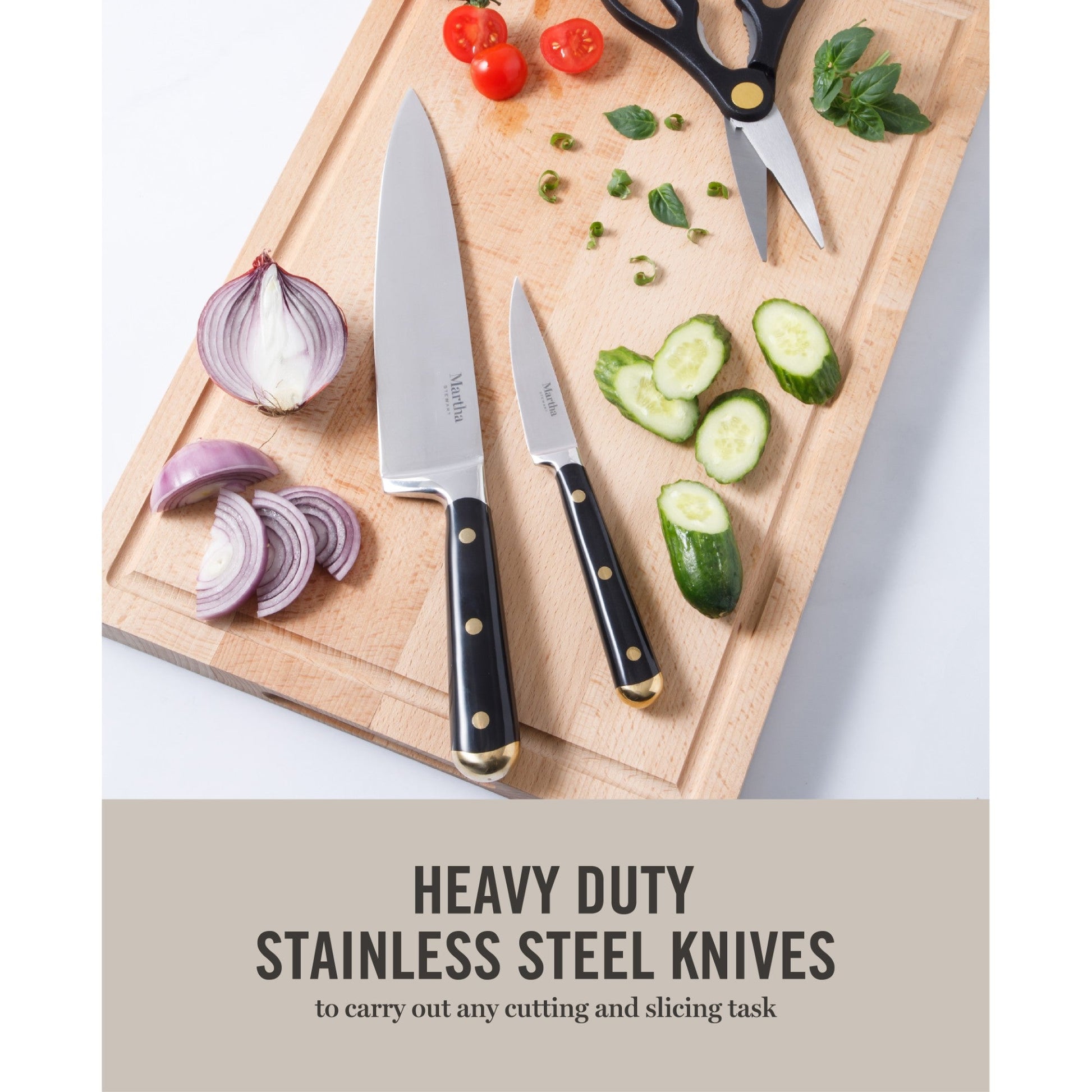 Martha Stewart 16 Piece Lockton High Carbon Stainless Steel Cutlery Kitchen Knife Block Set W/ ABS Tripe Riveted Forged Handle Acacia Wood Block