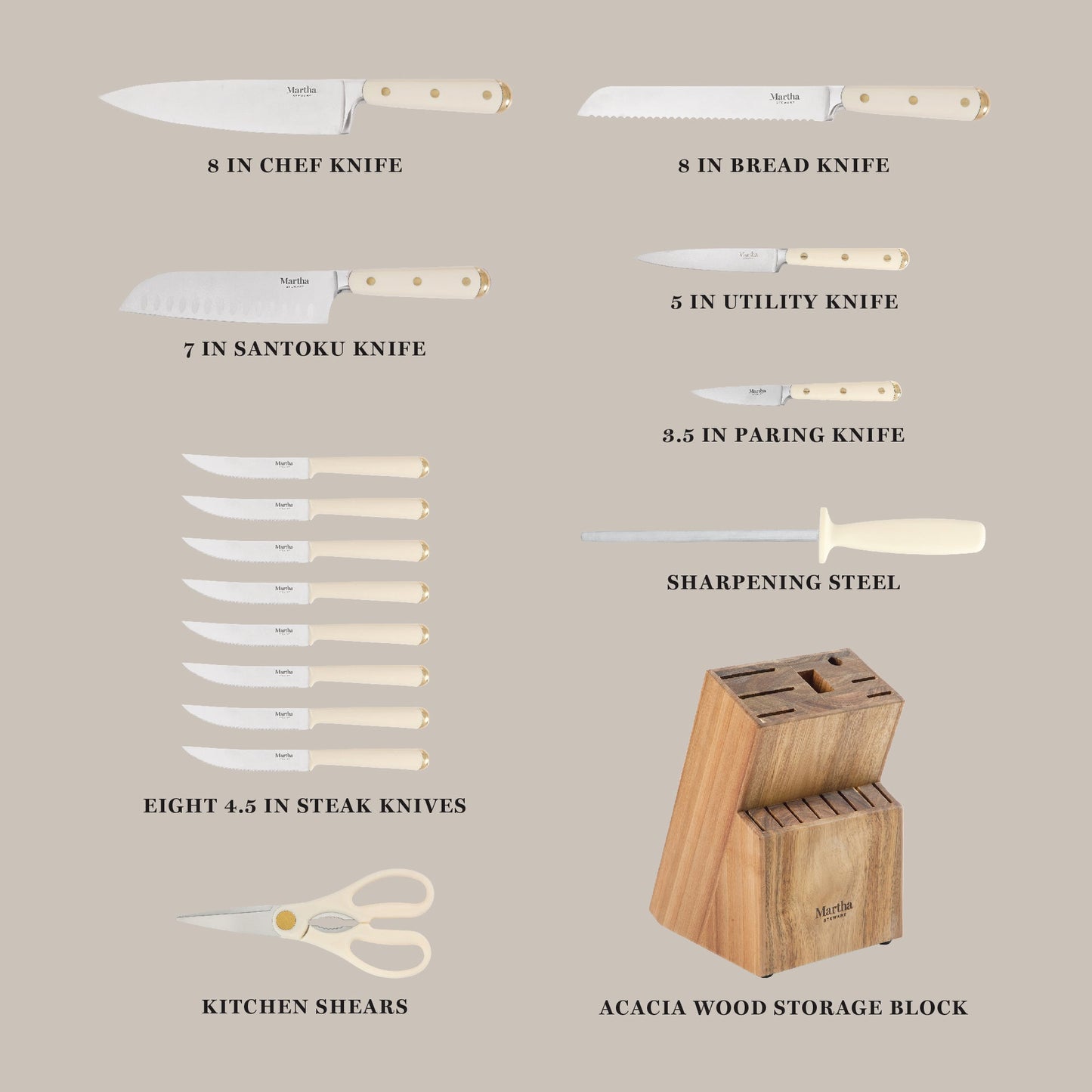 Martha Stewart 16 Piece Lockton High Carbon Stainless Steel Cutlery Kitchen Knife Block Set W/ ABS Tripe Riveted Forged Handle Acacia Wood Block