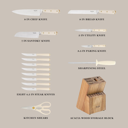 Martha Stewart 16 Piece Lockton High Carbon Stainless Steel Cutlery Kitchen Knife Block Set W/ ABS Tripe Riveted Forged Handle Acacia Wood Block