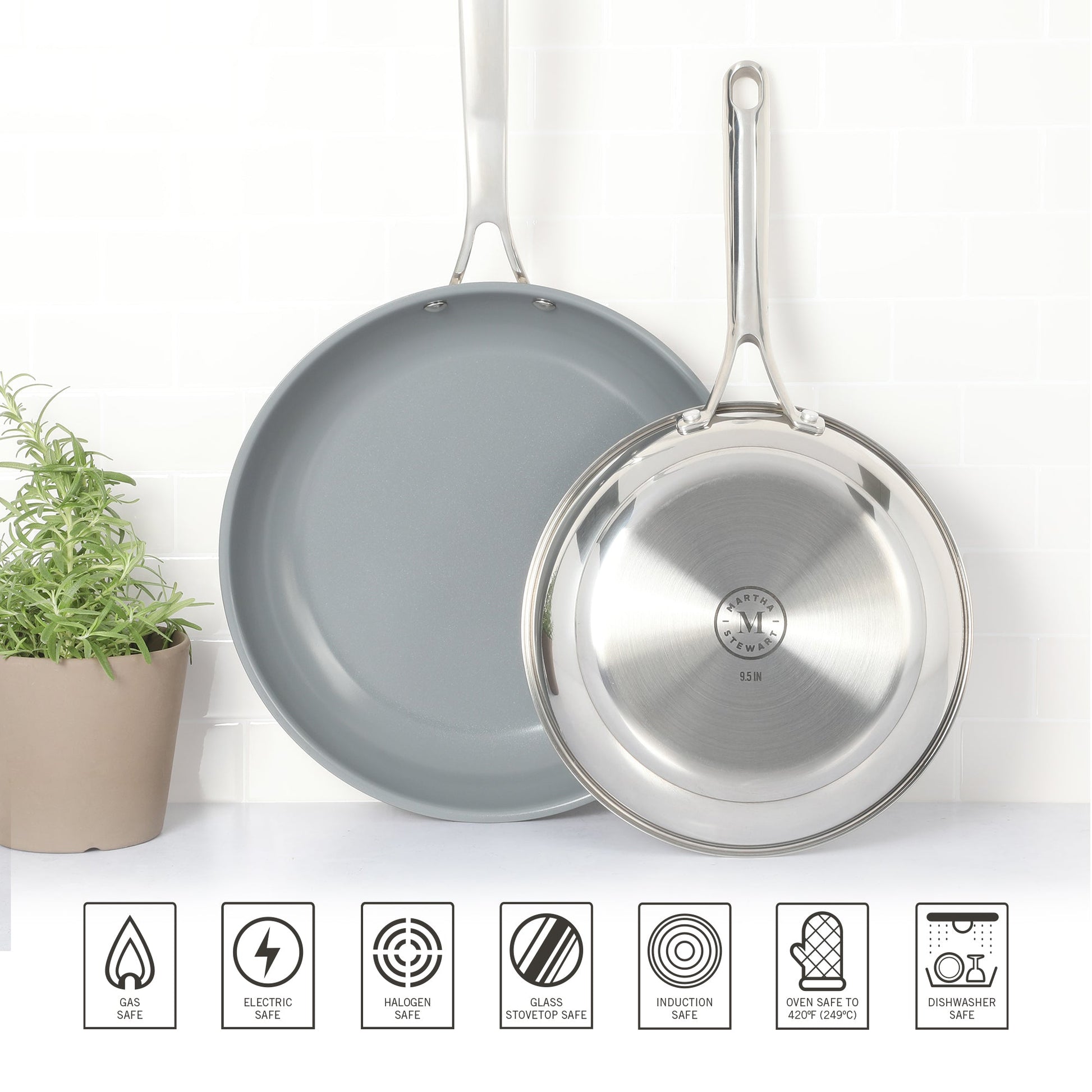 Martha Stewart Delaroux 9.5" & 12" Stainless Steel Fry Pan Set w/ Ceramic Non-Stick Interior