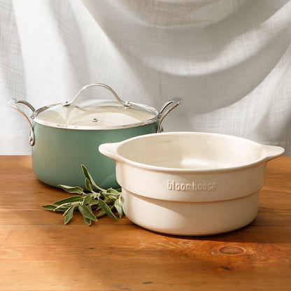 Bloomhouse 6-Quart Aluminum Enamel Dutch Oven w/ Non-Stick Non-Toxic Ceramic Interior and Ceramic Steamer Insert