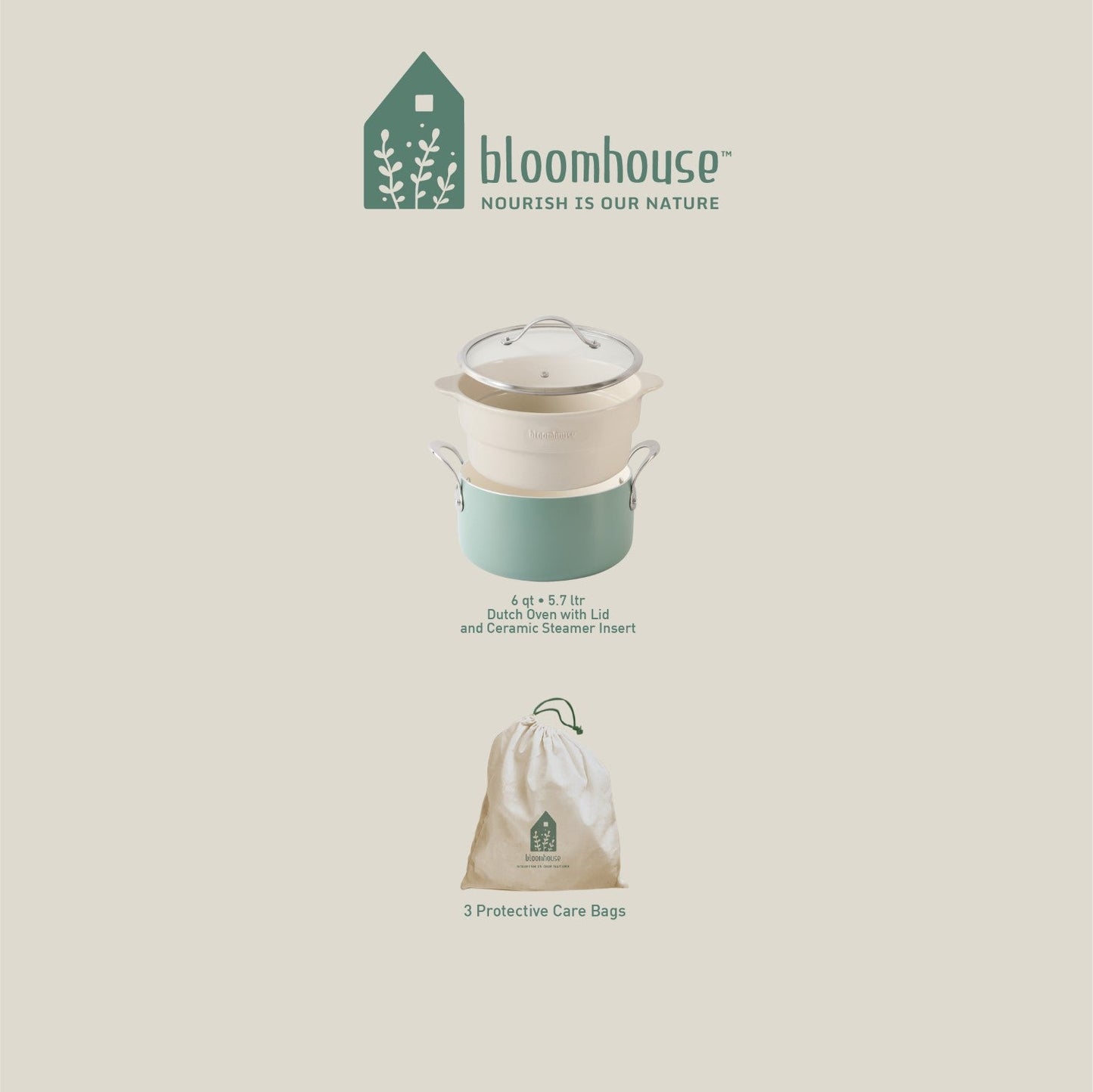 Bloomhouse 6-Quart Aluminum Enamel Dutch Oven w/ Non-Stick Non-Toxic Ceramic Interior and Ceramic Steamer Insert