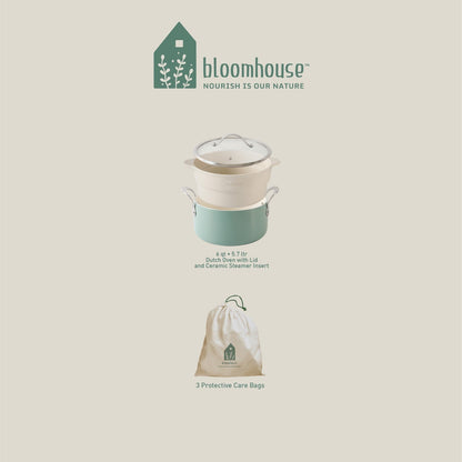 Bloomhouse 6-Quart Aluminum Enamel Dutch Oven w/ Non-Stick Non-Toxic Ceramic Interior and Ceramic Steamer Insert