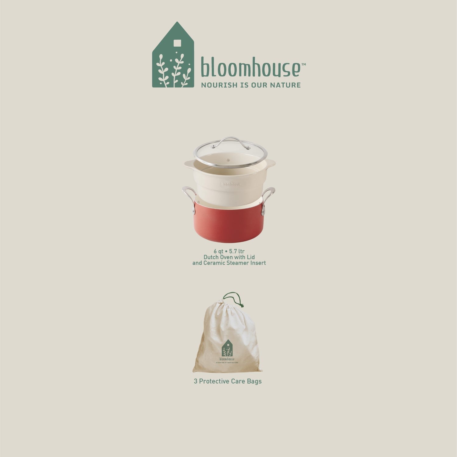 Bloomhouse 6-Quart Aluminum Enamel Dutch Oven w/ Non-Stick Non-Toxic Ceramic Interior and Ceramic Steamer Insert