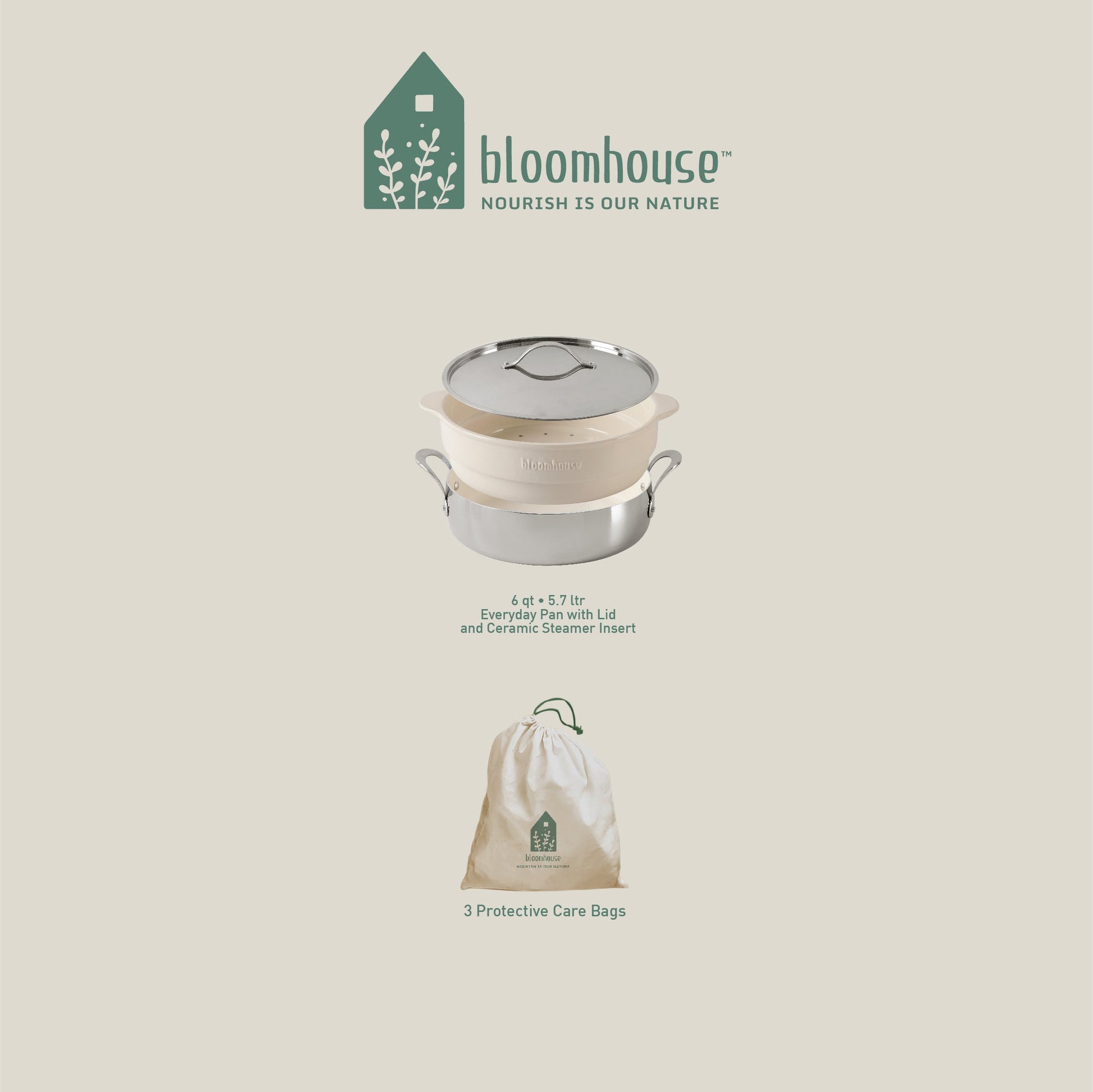 Bloomhouse 6-Quart Triply Stainless Steel Everyday Pan w/ Non-Stick Non-Toxic Ceramic Interior and Ceramic Steamer Insert