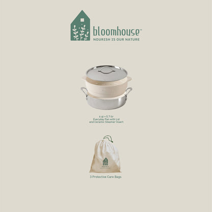 Bloomhouse 6-Quart Triply Stainless Steel Everyday Pan w/ Non-Stick Non-Toxic Ceramic Interior and Ceramic Steamer Insert