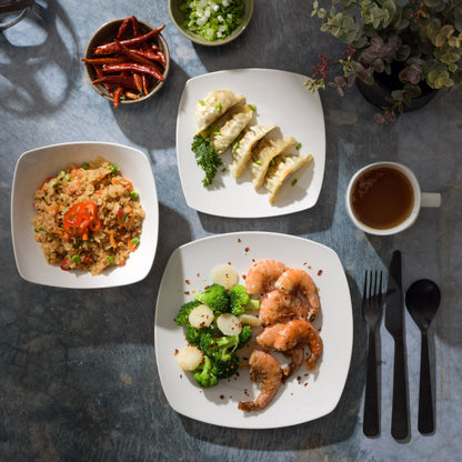 Gibson Home Zen Buffet 16-Piece Porcelain Dinnerware Set, Square Plates & Bowls, Service for 4, White