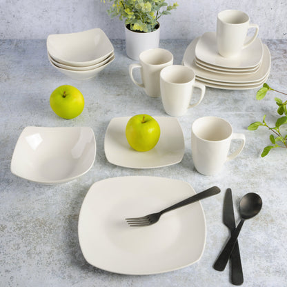 Gibson Home Zen Buffet 16-Piece Porcelain Dinnerware Set, Square Plates & Bowls, Service for 4, White