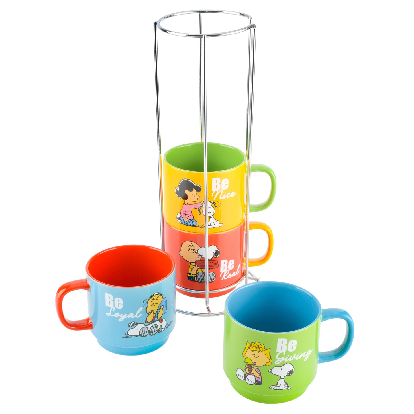 Peanuts Gentle Reminders 4-Pack 15oz Stoneware Stackable Mugs w/ Metal Rack