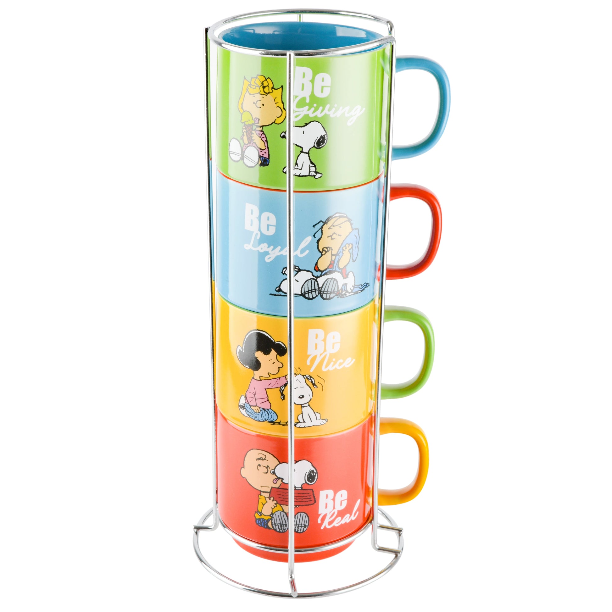 Peanuts Gentle Reminders 4-Pack 15oz Stoneware Stackable Mugs w/ Metal Rack