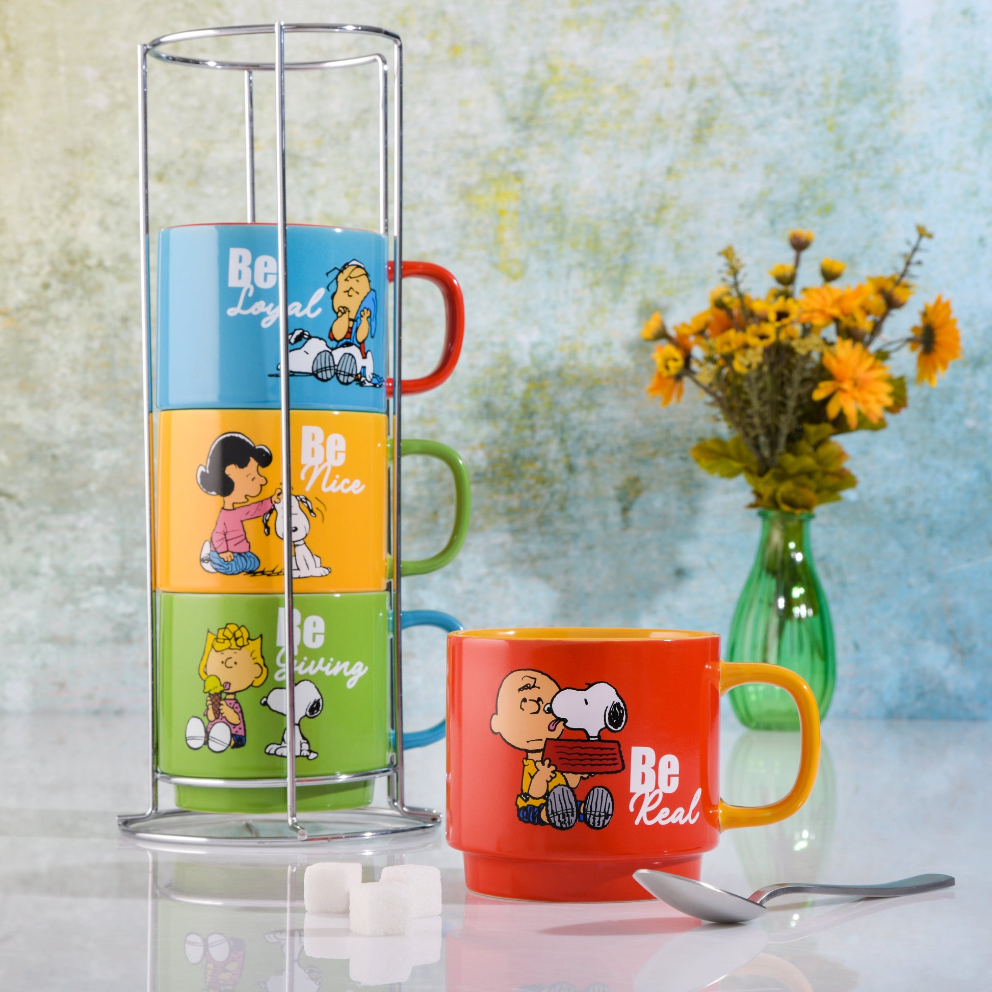 Peanuts Gentle Reminders 4-Pack 15oz Stoneware Stackable Mugs w/ Metal Rack