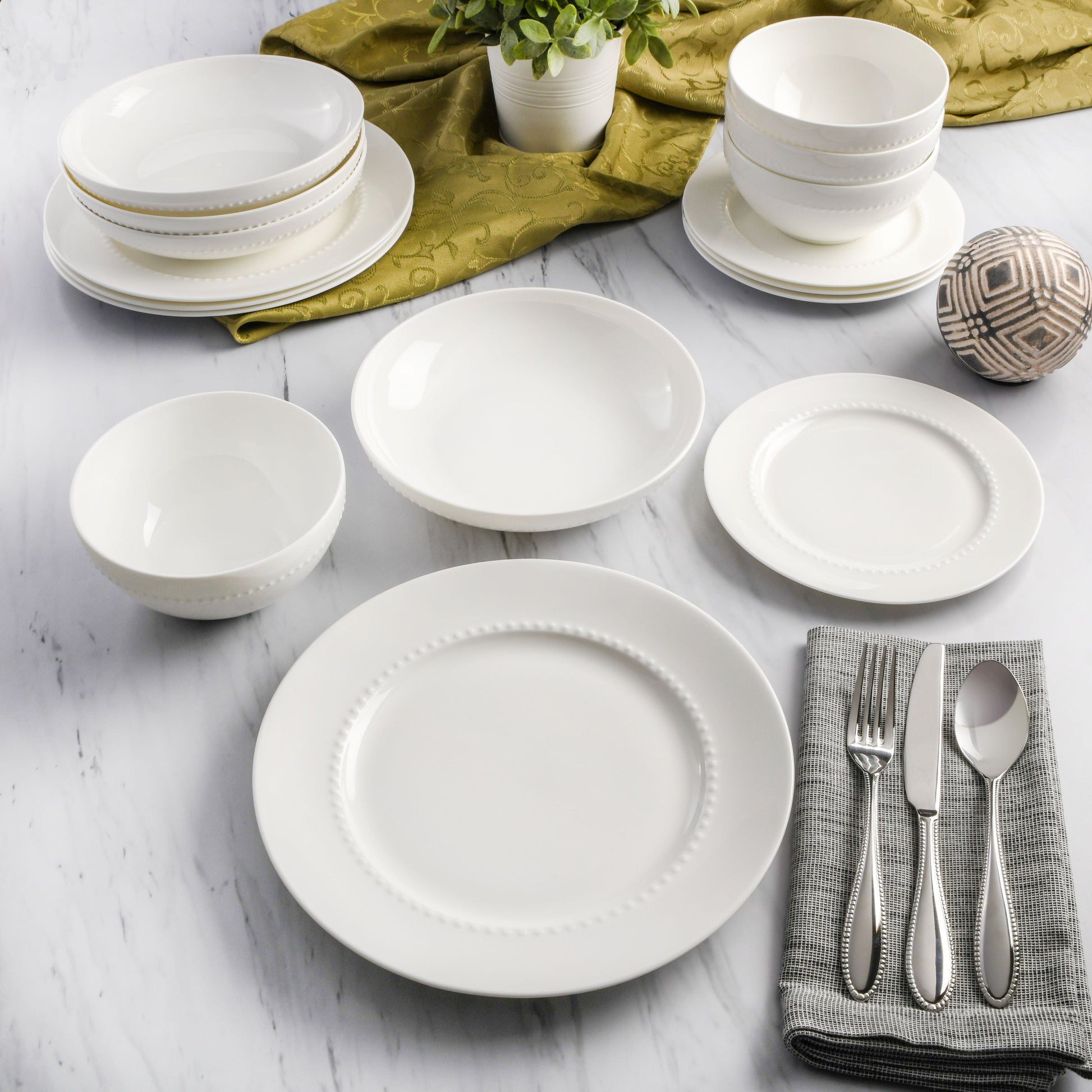 Gibson Elite Embossed Bone China 16-Piece Double Bowl Dinnerware Set - White