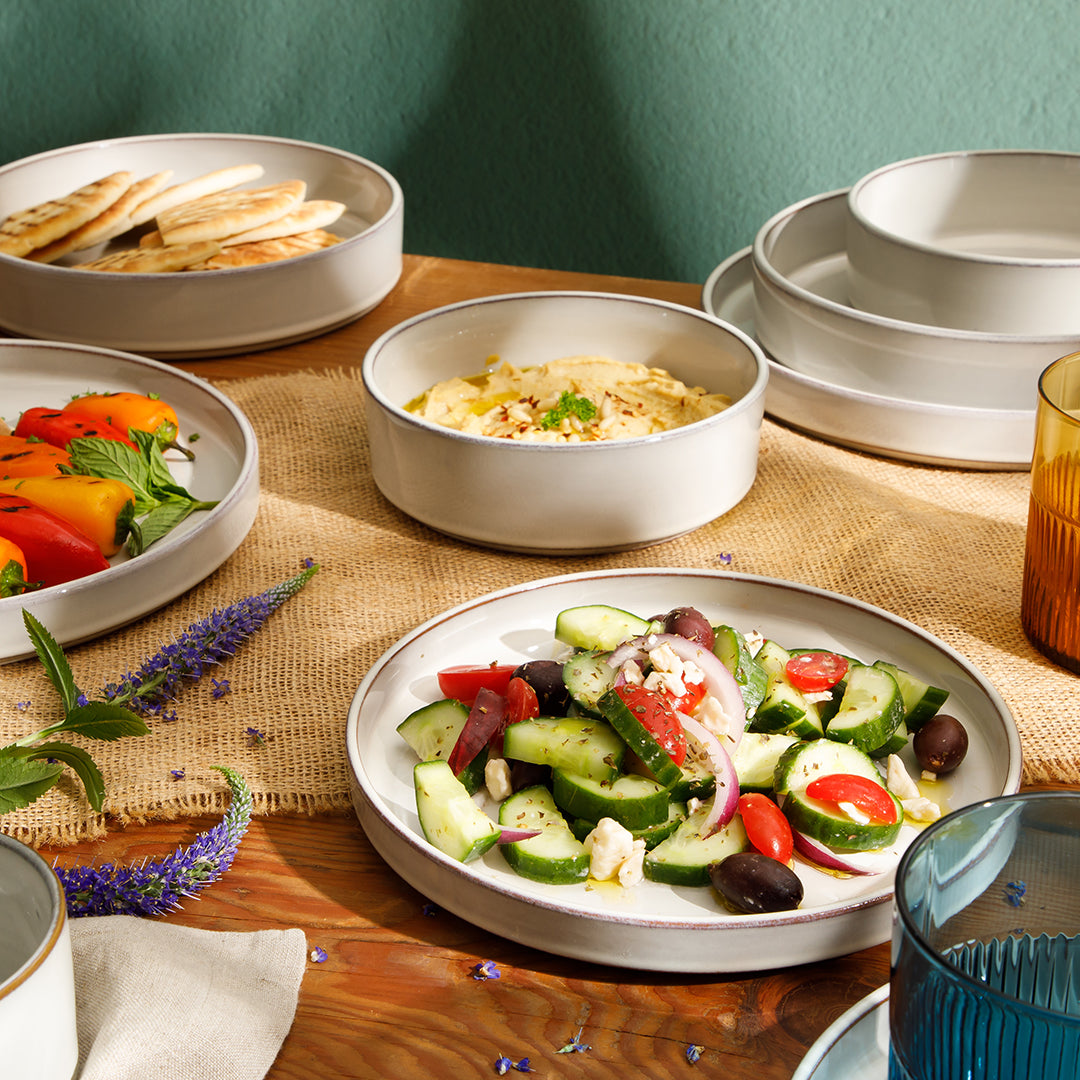 Bloomhouse Santorini Mist 16 Piece Double Bowl Terracotta Reactive Glaze Plates and Bowls Dinnerware Set - Moonstone White, Amber, Garnet Red, or Jade