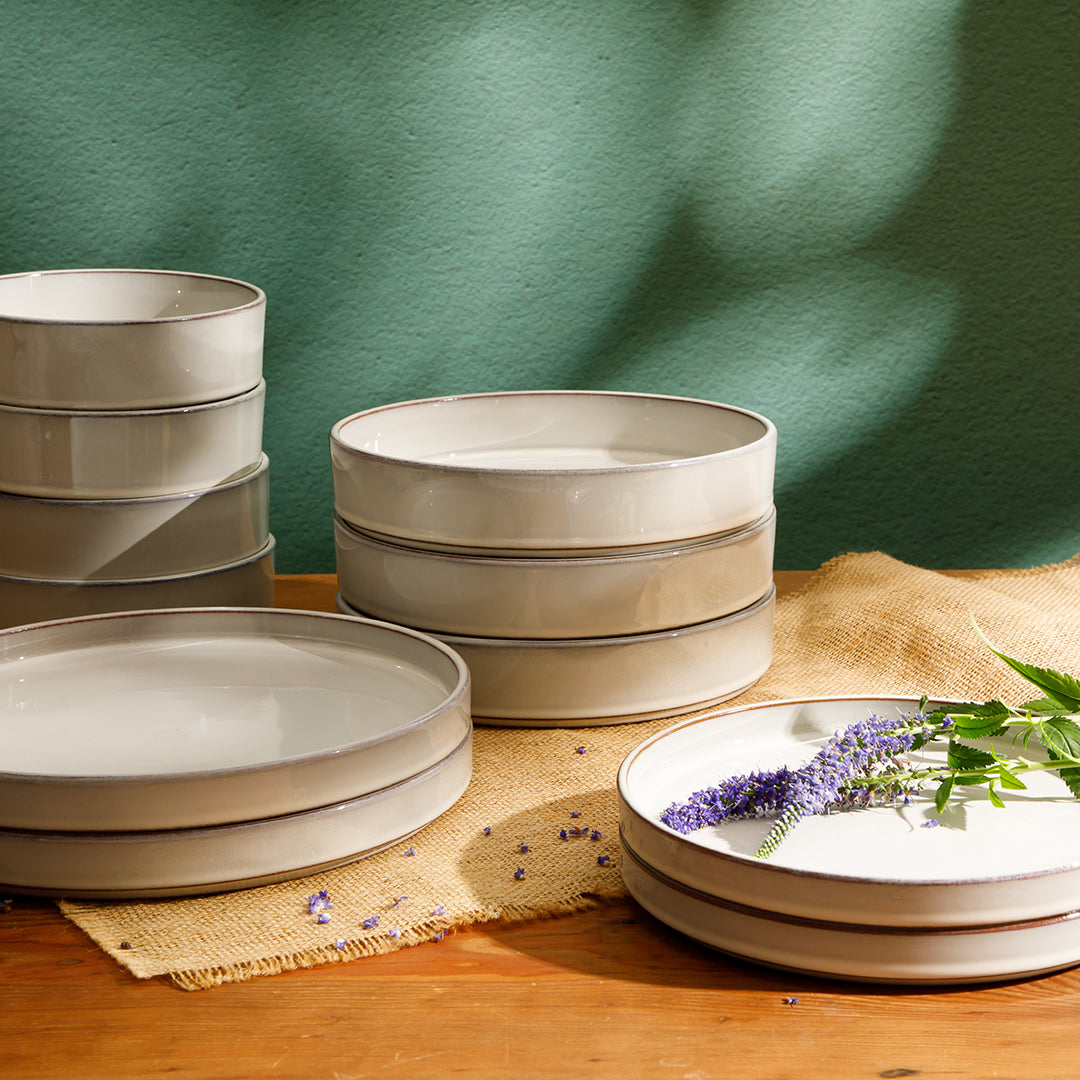 Bloomhouse Santorini Mist 16 Piece Double Bowl Terracotta Reactive Glaze Plates and Bowls Dinnerware Set - Moonstone White, Amber, Garnet Red, or Jade