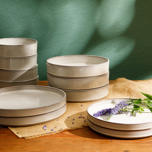 Bloomhouse Santorini Mist 16 Piece Double Bowl Terracotta Reactive Glaze Plates and Bowls Dinnerware Set - Moonstone White, Amber, Garnet Red, or Jade
