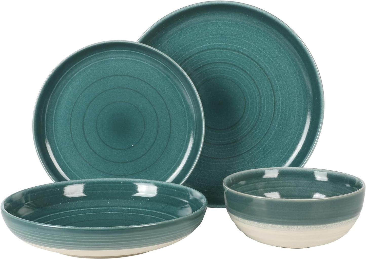 Gibson Elite Clarina 16 Piece Double Bowl Stoneware Reactive Glaze Round Plates and Bowls Dinnerware Set - Teal