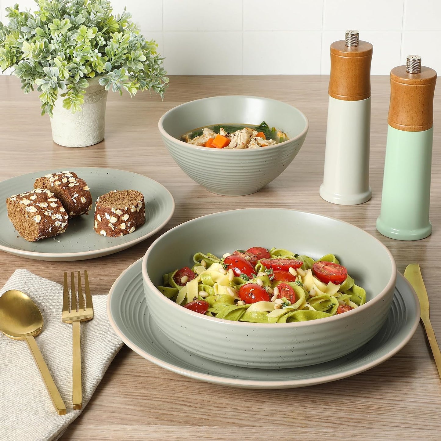 Gibson Home Dinah 16 Piece Double Bowl Stoneware Embossed Speckled Dinnerware Set - Matte Black, White, or Sage Green