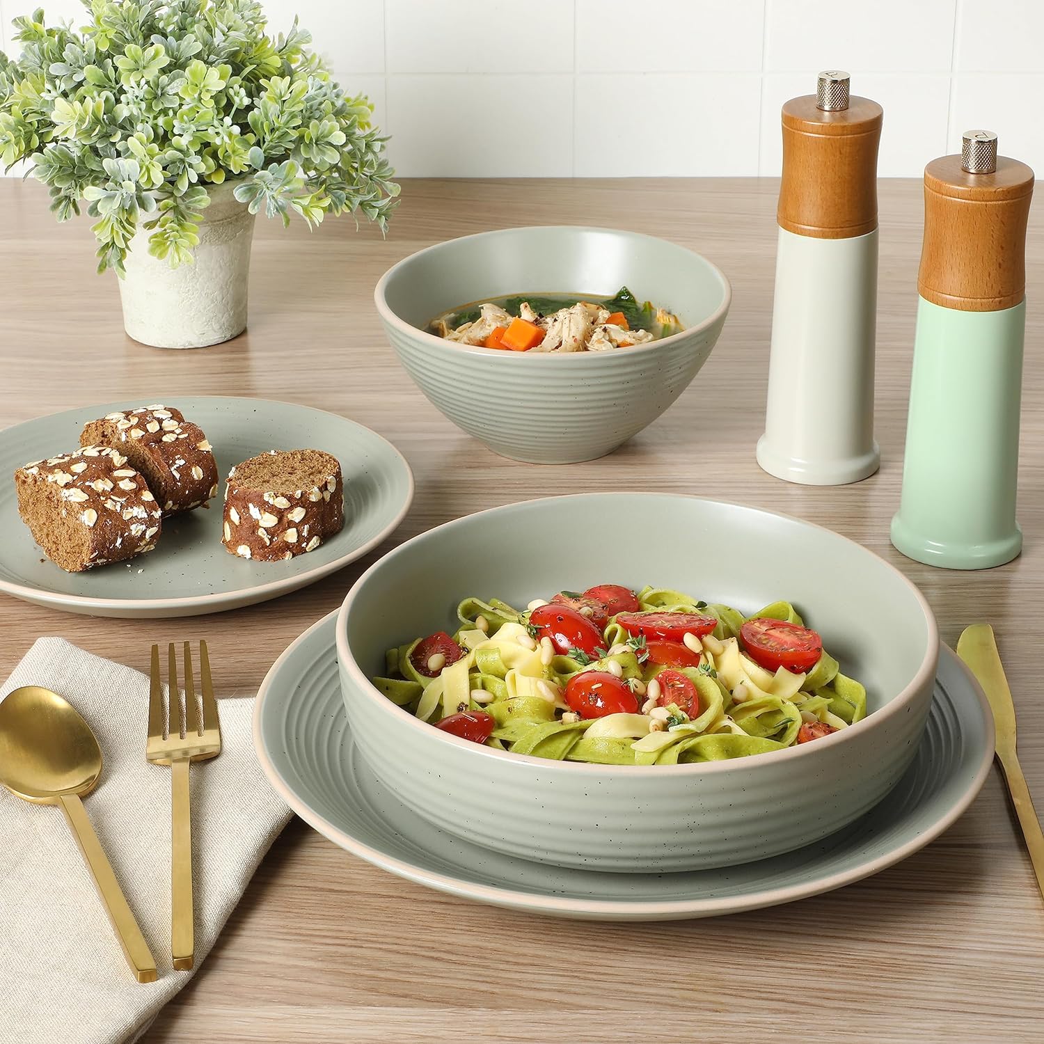 Gibson Home Dinah 16 Piece Double Bowl Stoneware Embossed Speckled Dinnerware Set - Matte Black, White, or Sage Green
