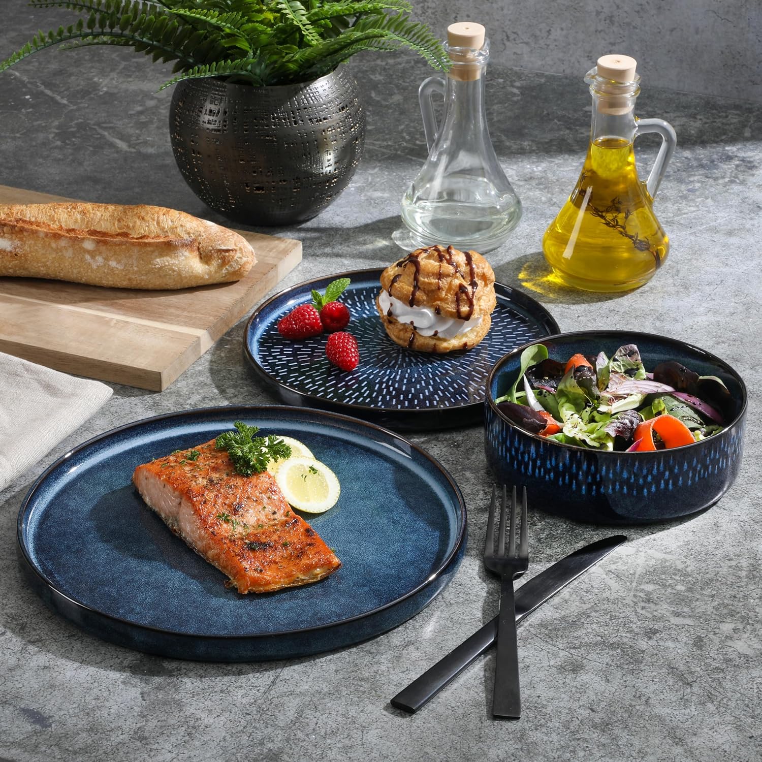 Gibson Elite 12 Piece Matisse Moderna Stoneware Reactive Glaze Dinnerware Set - Cobalt Blue